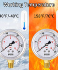 Glycerin Filled Pressure Gauge 0 To 230 Psi For Pool Pumps And Air Compressors With A Two And A Half Inch Dial Lower Mount One Quarter Inch NPT Stainless Steel Case Dual Scale Readout For Water Oil And Air Pressure Tests showing working temperature range from -40°F to 158°F.