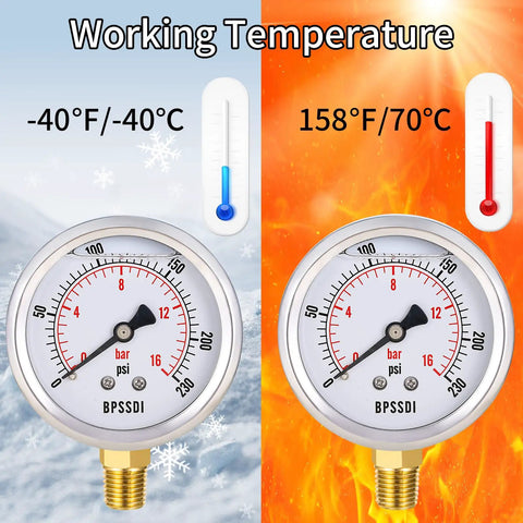 Glycerin Filled Pressure Gauge 0 To 230 Psi For Pool Pumps And Air Compressors With A Two And A Half Inch Dial Lower Mount One Quarter Inch NPT Stainless Steel Case Dual Scale Readout For Water Oil And Air Pressure Tests showing working temperature range from -40°F to 158°F.