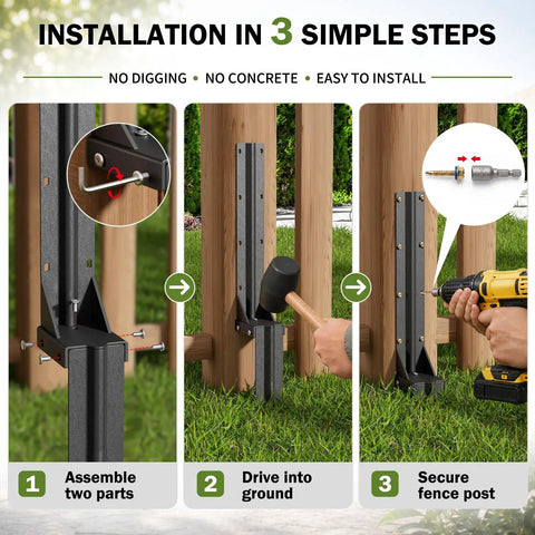 Installation steps of 2 Pcs Heavy Duty Fence Post Repair Kit Rustproof Steel Ground Anchors for easy fence restoration.
