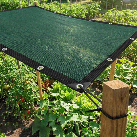 80 Percent Sun Shade Cloth With Grommets For Pergola And Patio Cover, protecting garden plants from sun, installed on wooden posts