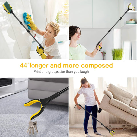 44-inch foldable reacher tool with yellow jaw, 360° rotating anti-slip claw, 4-inch opening for grabbing items
