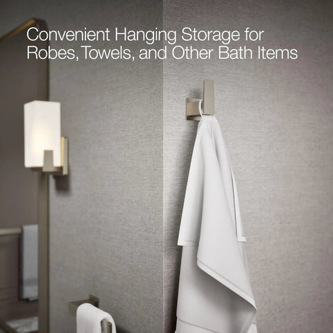 Honesty Robe Hook In Brushed Nickel For Bathroom Storage And Towel Organization mounted on bathroom wall with towel