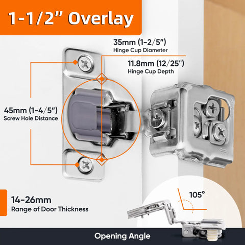 Soft Close Cabinet Hinges 30 Pack One And A Half Inch Overlay Concealed Hidden Hinges with dimensions and 105° opening