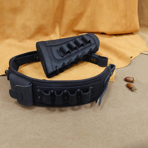 Rugged Buffalo Leather Rifle Buttstock Cover With Canvas Cheek Pad And Shell Holder Heavy Duty Sling displayed on canvas surface.