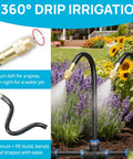 360 Degree Adjustable Drip Irrigation System With Large 50 Ft 15/32 Inch Hose, two nozzles spraying water on plants.
