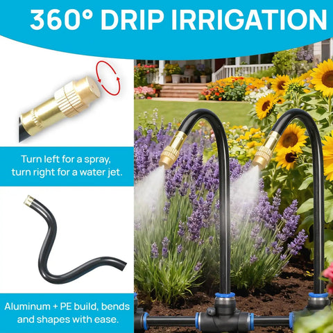 360 Degree Adjustable Drip Irrigation System With Large 50 Ft 15/32 Inch Hose, two nozzles spraying water on plants.