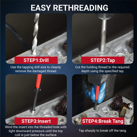 Easy rethreading steps using 320-Piece Thread Repair Kit For SAE And Metric Threads With HSS Drill Bits Taps 304SS Inserts And Break Off Pins