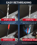 M12x1.25 Helicoil Thread Repair Kit showing four rethreading steps: drilling, tapping, inserting coil, and breaking tang on metal surface.