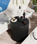 Outdoor Umbrella Stand With Hole And Water Bladder Base, Fluted Vertical Ribbed Design, used as a side table by pool