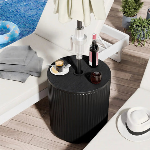 Outdoor Umbrella Stand With Hole And Water Bladder Base, Fluted Vertical Ribbed Design, used as a side table by pool