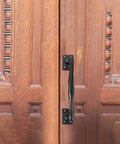 Heavy Duty Sliding Door Handle Set For Barn, Gate, Closet And Cabinet Black Iron Pulls With Ergonomic Chamfered Edges on wood door