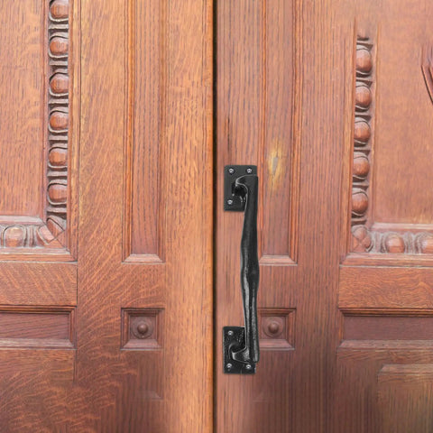 Heavy Duty Sliding Door Handle Set For Barn, Gate, Closet And Cabinet Black Iron Pulls With Ergonomic Chamfered Edges on wood door