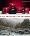 98 Piece Premium First Aid Kit For Travel, Camping, Home And Outdoor Emergencies With Labeled Compartments, CPR Pouch, First Aid Guide And Comprehensive Medical Supplies For Wounds And Burns HSA And FSA Eligible displayed with scenic outdoor backdrop