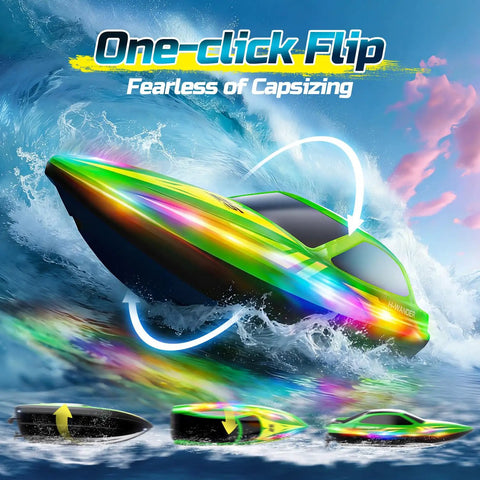 Totally Fun 2.4GHz RC Boat For Kids And Adults showcasing self-righting design in a vibrant LED light show with rough water