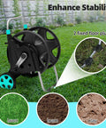 Heavy Duty Metal Garden Hose Reel Cart For Outside Use Handles 100 To 120 Feet Of Five Eighths Inch Hose With Two Wheels on Lawn