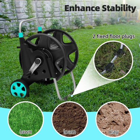 Heavy Duty Metal Garden Hose Reel Cart For Outside Use Handles 100 To 120 Feet Of Five Eighths Inch Hose With Two Wheels on Lawn