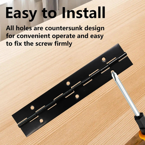 Dead Nuts Reliable 4 Pack 6 Inch Matte Black Piano Hinges Heavy Duty Continuous Folding Hardware For Cabinet Doors Pianos Mailboxes And Craft Boxes With Sweet Mounting Screws Included installed on wood surface with screwdriver.