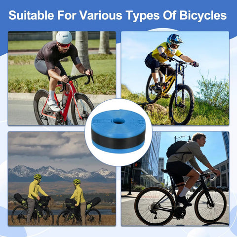 Collage of cyclists using Premium TPU Bike Tire Liner For Puncture Protection And Tube Shield Inner Liner 23x2.3x1mm.