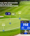 AI Powered Golf GPS Speaker With Touchscreen Yardages, Hazards And Music showing yardage distances on a golf course
