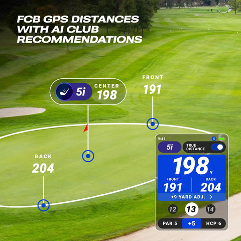 AI Powered Golf GPS Speaker With Touchscreen Yardages, Hazards And Music showing yardage distances on a golf course