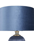 Blue Glass Table Lamp With Velvet Shade And Gold Accents, Ribbed Accent for Living Room, showcasing the top velvet shade detail.