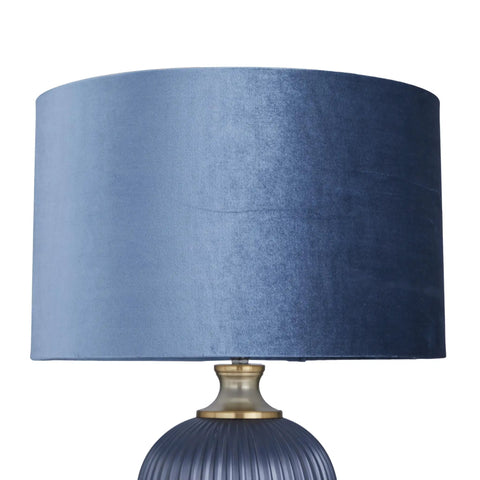 Blue Glass Table Lamp With Velvet Shade And Gold Accents, Ribbed Accent for Living Room, showcasing the top velvet shade detail.