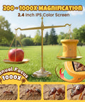 1000X Kid Friendly Digital Microscope With 2.4 Inch 4K IPS Display And 2MP Camera, standalone yellow handheld microscope showing 1000x magnification