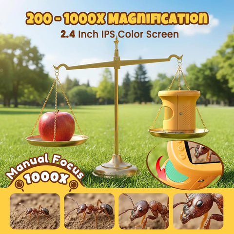 1000X Kid Friendly Digital Microscope With 2.4 Inch 4K IPS Display And 2MP Camera, standalone yellow handheld microscope showing 1000x magnification