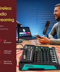 Ten Channel Studio DJ Mixer With Bluetooth And XLR Combo Mic Inputs USB MP3 Playback PC Recording DSP Effects LED Level Meters Smooth Dials And Faders For Live Shows Home Studio And Podcast Setups on desk with wireless audio streaming