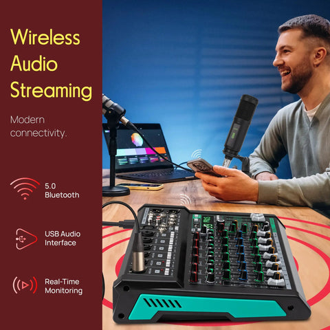 Ten Channel Studio DJ Mixer With Bluetooth And XLR Combo Mic Inputs USB MP3 Playback PC Recording DSP Effects LED Level Meters Smooth Dials And Faders For Live Shows Home Studio And Podcast Setups on desk with wireless audio streaming