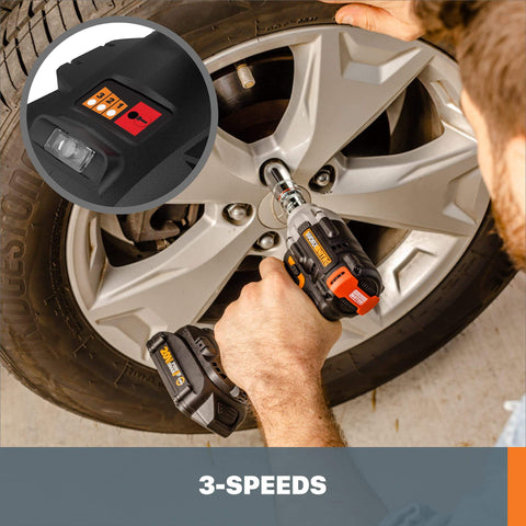 Person using Nitro WX272L.9 20V Power Share Cordless Half Inch Impact Wrench With Brushless Motor Three Speeds on car tire