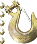 Heavy Duty 1/2 Inch G70 Clevis Chain Hooks With Safety Latch 6 Pack Grade 70 Forged Steel Gold Zinc Plated close-up view.