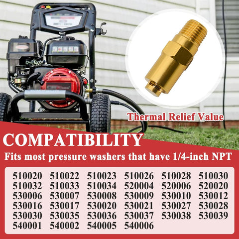Thermal relief valve for gas-powered pressure washers, brass 1/4 in NPT, inset view.