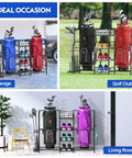 Golf Bag Storage Organizer for home and garage, holds 2 standard golf bags, side club rack, removable shelves in various settings.