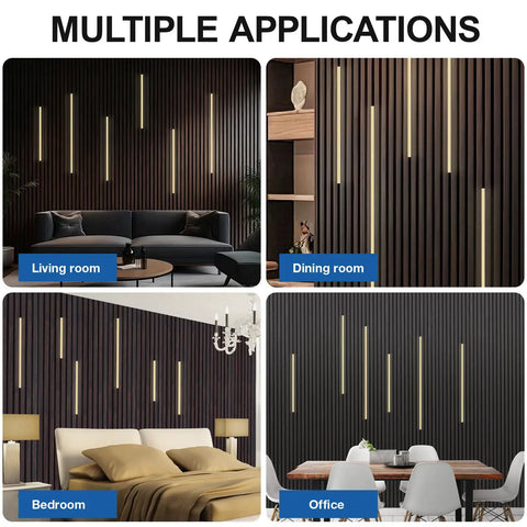 Multiple applications of Six Pcs Wood Slat LED Recessed Lighting Kit in living room, dining room, bedroom, and office settings