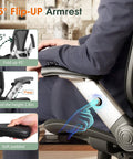 Person adjusting flip-up armrests on ergonomic office chair with high back and headrest, 90 to 120 degree tilt lock, black task chair.