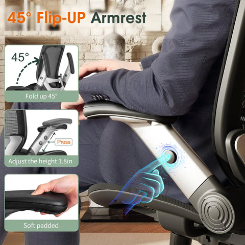 Person adjusting flip-up armrests on ergonomic office chair with high back and headrest, 90 to 120 degree tilt lock, black task chair.