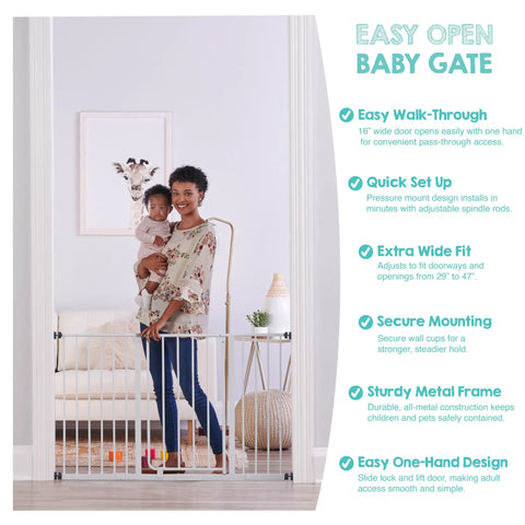 Mother holding baby next to Easy Open Extra Wide Baby Gate For Doorways Hallways And Bottom Of Stairs 29 To 47 Inches Pressure Mounted Safety Gate For Babies Toddlers And Pets Mom Approved American Designed And Family Owned