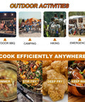Image showing outdoor activities like camping, hiking, BBQ, and an RV paired with images of simmer, stir fry, deep fry, and keep warm meals.