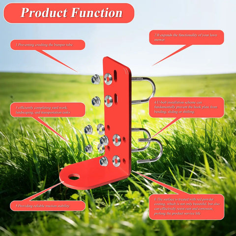 Heavy Duty 3/4 Inch Trailer Hitch Kit with latch, U-bolt, nuts, washers and R clip shown in grassy field background