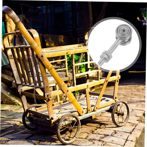 Heavy Duty Steel Sliding Door Rollers Built Rock Solid Glide Like Butter Replace Your Worn Window Pulleys With These 50 Kg Support Trolley Wheels In Clean Silver Steel on a wooden cart.