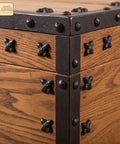 Colonial Era Solid Cast Iron Decorative Nailhead Studs on wooden chest corner, vintage clavos hardware Victorian style