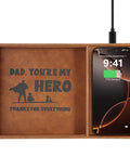 Valet Tray With Integrated Wireless Charger For Dad Youre My Hero Engraved EDC Nightstand Organizer For Men, holding charging phone
