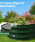 Sturdy Galvanized Steel Raised Garden Bed With 12 Inch Depth Oval Open Bottom Design Yard Ready No Fuss For Outdoor Veggies And Herbs 4X2 Foot Frame Easy Ground Level Gardening Forest Green shown with flowers.