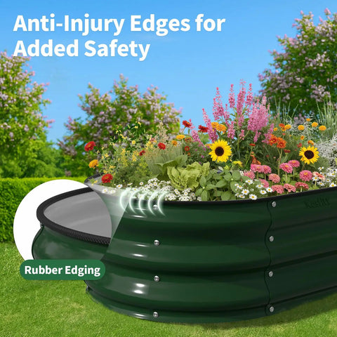 Sturdy Galvanized Steel Raised Garden Bed With 12 Inch Depth Oval Open Bottom Design Yard Ready No Fuss For Outdoor Veggies And Herbs 4X2 Foot Frame Easy Ground Level Gardening Forest Green shown with flowers.