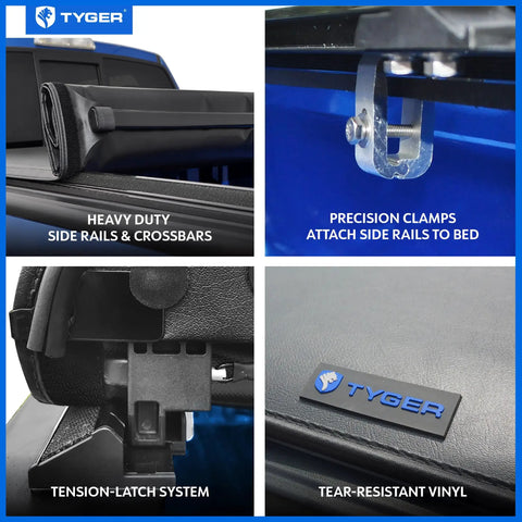 Soft Roll-Up Tonneau Cover For Ram 1500 2019 To 2026, 5 Foot 7 Inch Bed, T1 Style Truck Bed Cover, close-up of materials and clamps