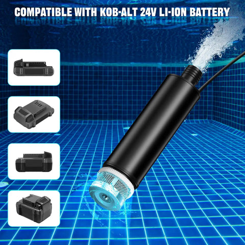 Cordless Water Transfer Pump For 24V Battery Pack, 635 Gph High Output Submersible Sump Pump in water with battery compatibility.