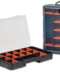 Two Handy Small Parts Organizer Box Set With 17 Compartments And 12 Removable Dividers, shown with clear lids and black cases, ideal for versatile storage.