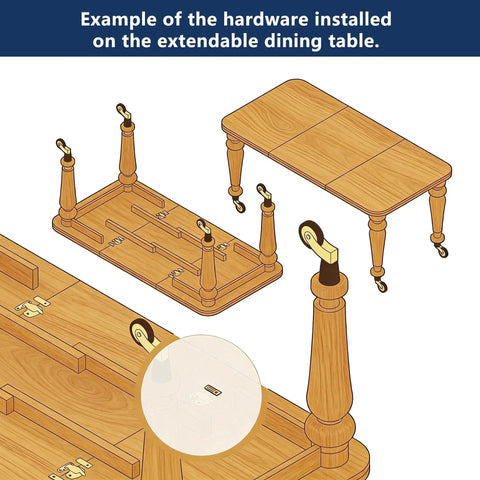 Example of 12 Sets Table Leaf Leveler Locks With Buttery Smooth Gliding Bars on an extendable dining table.