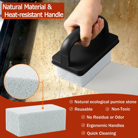 Heavy Duty Griddle Cleaning Brick With Handle 5 Pack Pumice Stone Grill Cleaner for tough grime removal shown in use.